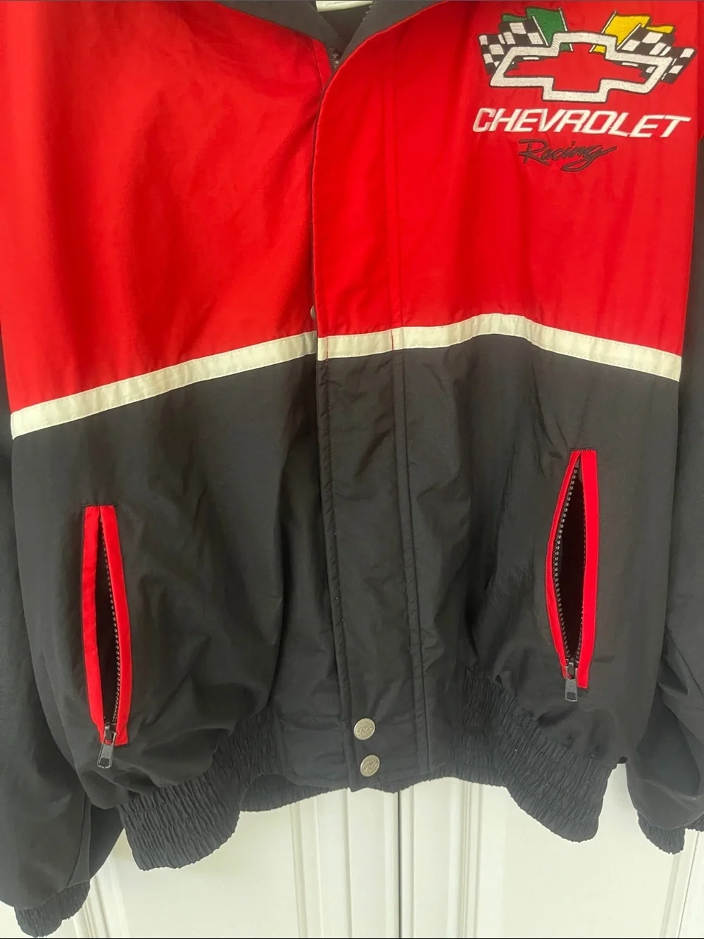 Vintage NASCAR Chevrolet logo racing Jacket size Large Y2K bomber red black
